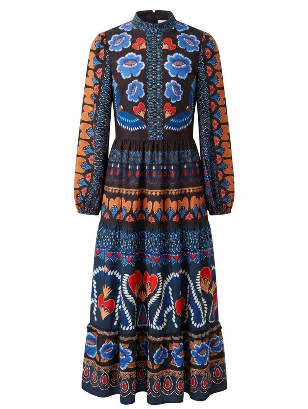 AVARA Tapestry Floral Print Tiered Maxi Dress Sz.S Mock Neck Long Puff Sleeve